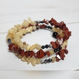 Yellow Opal Gemstone and Red Jasper Coil Wrap Beaded Bracelet Handmade New